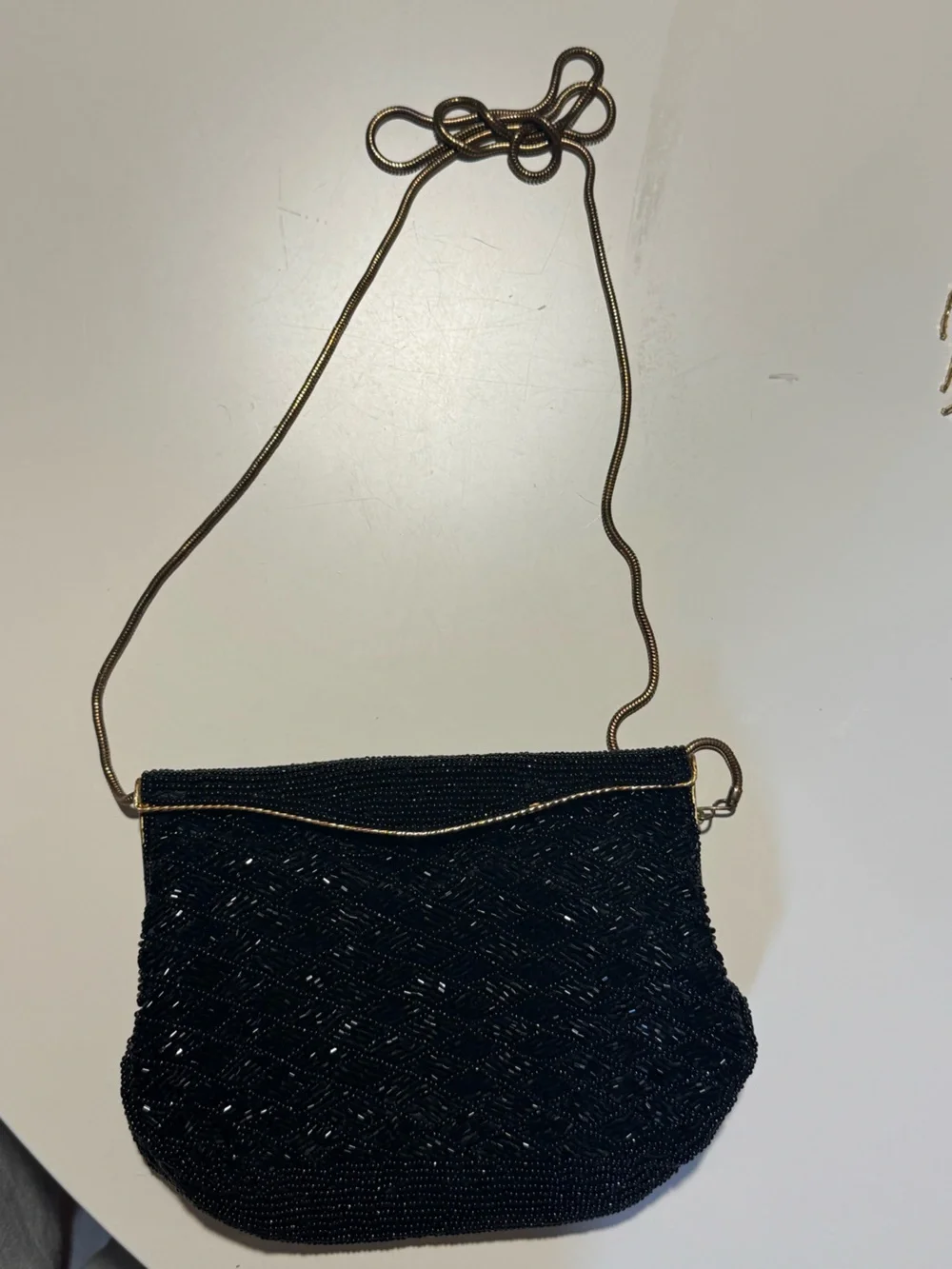 Black Beaded Evening Wristlet with Gold Chain